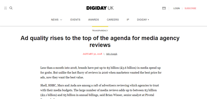 In the Press: Ad quality rises to the top of the agenda for media agency reviews