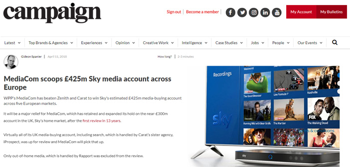 In the Press: MediaCom scoops £425m Sky media account across Europe