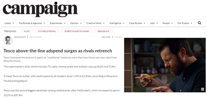 In the Press: Tesco above-the-line adspend surges as rivals retrench